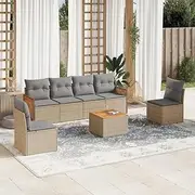 Beige 7 Piece Garden Sofa Set with Cushions, Poly Rattan & Acacia Wood Table - Modular Outdoor Furniture, Weather-Resistant, Easy-Clean, Storage Function, UV Resistant, Adjustable Feet