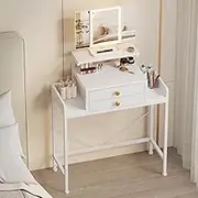 HIGDBFE Vanity Desk with Mirror and Lights, 28.4''W Small Makeup Vanity Table with Height-Adjustable Stand, 2 Fabric Drawers Compact Makeup Desk, Gift for Girls, Bedroom Small Space, White