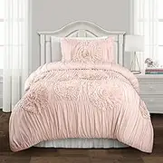 Lush Decor Serena Rouched Flower Vintage Chic Farmhouse 3 Piece Comforter Set, Twin XL, Blush