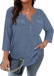 [Viracy] Women Plus Size Sweaters 3/4 Sleeve Zip V Neck Ribbed Solid Color Casual Blouses Tops XL-5XL