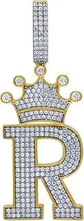 [JewelryWeb] 925 Sterling Silver Yellow tone Unisex CZ Simulated Diamond Letter Name Personalized Monogram Initial Alphabet R Crown Charm Pendant Necklace-Pendant for Women