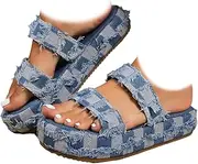 [Generic] Women's Cut Out Denim Flat Beach Sandals, Women Beach Slippers for Travel Outing Park Walk