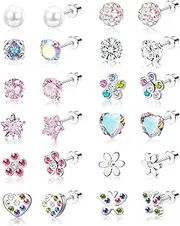 [Sanfenly] 12Pairs Small Earrings Set for Women Girls Stainless Steel Cute Stud Earrings Butterfly Flower Zirconia Heart Hypoallergenic Earrings Multicolored Screw Back Earrings Set