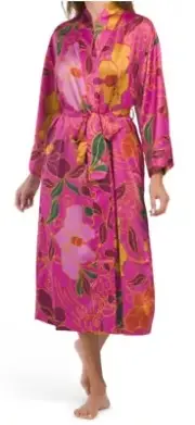NWT NATORI Women X-LARGE Satin Floral Long Robe Long Sleeve Passion Pink $160