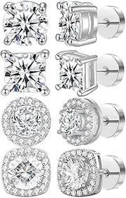 NEWITIN 4 Pairs Stainless Steel Stud Earrings for Men Hypoallergenic Earrings Flatback Earrings Inlaid Cubic Zirconia Stud Earrings Screw Back Stud Earrings for Women Men
