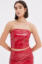 Red Corset Top Sleeveless Strapless Bandeau PU Patent - Size 12, Women's Crop Top