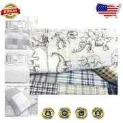 Benjamin Twin Dinosaur Plaid Cotton Quilted Bedding Set - Reversible 2 Piece