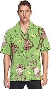 [GuoChe] Hawaiian Short Sleeve Button Shirt for Men Monkey Palm Tropical Pattern Fashion Urban Camisa de Vestir para Hombre