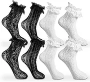 [HaiFafafaing] 4 Pairs Lace Ruffle Socks Women Ankle Mesh Lace Trim Socks Crew Lolita Socks White Black Casual Ankle High Dress Socks for Women Ladies Princess Accessories, White Black, One Size