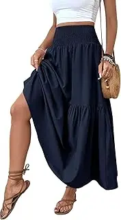 [TuoGo] Women's Smocked High Waist Maxi Skirt Casual Boho Long Skirts with Pockets