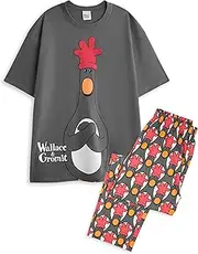 [Vanilla Underground] Wallace and Gromit Men's 2 Piece Pyjama Set | Grey and Red Allover Print Bottoms with Long Leg and Short Sleeve Adult Nighttop