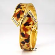 Art Deco Vintage Gold Pltd Crystal Tortoiseshell Slider Hinged Bangle Watch Cuff