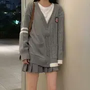 Applique Knitted Cardigan / Pleated A-Line Skirt / Long Sleeve Plain T-Shirt Cardigan - Gray - S