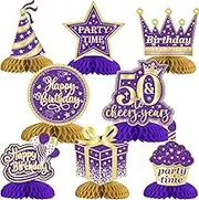 8 Pieces 50th Birthday Decorations Purple Gold, 50th Honeycomb Centerpieces for Tables, Cheers to 50 Years Table Toppers for Women Fifty Years Birthday Party Decoration Supplies