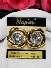 Vintage Gold Napier Rhinestone Runway Earrings NOC New on Card
