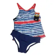 New with Tags Speedo Tankini Two Piece Swimsuit Red Blue Stripe Girls XS