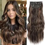 4PCS Thick Hairpieces Clip in Hair Extensions for Women Synthetic Clip in Long Wavy Hair Extension 20 Inch Double Weft Hairpieces Full Head for Women