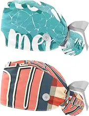[WOSHJIUK] Working Hat 2 Pack Scrub Caps for Women,Swimming Pool Hello Summer,Tie Back Cap Adjustable Scrub Hat