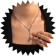 [TseenYi] Wedding Crystal Necklace Earrings Set Gold Rhinestone Lariat Necklace Saprkly CZ Tassel Drop Earrings Bridal Prom Costume Sets Tennis Choker Necklace Cubic Zirconia Lariat Necklace
