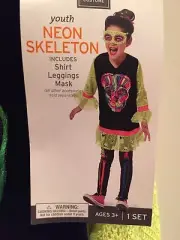 NWT Neon Skeleton Halloween Costume Dress Up Girls Size Large 10-12 Mask Legging
