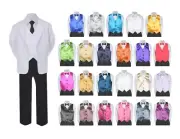 7pc Boy Formal Necktie Black Pants White Suit Satin Bow Tie Vest Tuxedo Baby S-8