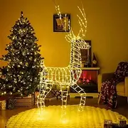 Costway 180CM Pre-Lit Christmas Reindeer, 3D Buck Xmas Decoration with 300 Warm White LED Lights, Outdoor/Indoor Lighted Standing Male Deer with Zip Ties & Ground Stakes for Garden, Yard & Lawn