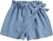 [Hilinker] Girl's Wide Leg Belted Shorts Smocked High Waisted Bows Tie Front Linen Skorts