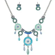 WESTERN FLAIR ENAMEL CRYSTAL SHADES OF BLUE CHUNKY FASHION NECKLACE JEWELRY SET*