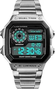 [SKMEI] Men's Digital Wrist Watches Stainless Steel Square Dial Quartz Wrist Watch for Men Waterproof Dual Time Alarm Stopwatch Business Watches Silver