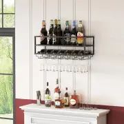 Wall Mounted Wine Rack Black with Glass Holder 30In Metal Bottle Holder Hanging