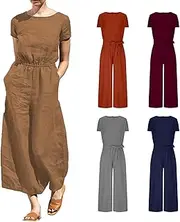 [Generic] Womens 2 Piece Outfits Lounge Sets - Short Sleeve Linen Pullover Tops, Elastic Wide Leg Pants Set Sweatsuits Tracksuit - Crewneck Crop Tops and Pockets Wide Leg Lace Up Long Pants Lounge Set