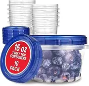[16 oz 10 Pack]Food Storage Freezer Containers Clear Bottom with Blue Twist Top Lids,Reusable|Leakproof |Stackable|Microwave/Dishwasher Safe