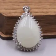 Real 18K GP With White Chalcedony Women Lucky Oval Bead Raindrop Pendant 28*17mm