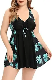 [JadeRich] Women's Plus Size Bathing Suit Two Piece Tankini Swimwear with Shorts Tummy Control Flowy Swimdress