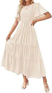 [Generic] Womens Fashion Spring Summer Casual Short Sleeve Midi Dress Smocked Tiered Going Out Dresses