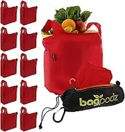 Sturdy Reusable Grocery Bags Foldable and Washable - Made From RipStop Nylon Hold 50lbs - Designed in USA Reusable Shopping Bags Inside a Compact Pod with Carry Clip - 10 Pack in Red
