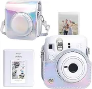 Protective Camera Case for Instax Mini 12 Camera Fuji Mini 12 Case PU Leather Carrying Bag with Adjustable Shoulder Strap & 64 Pockets Photo Album - Shiny Silver