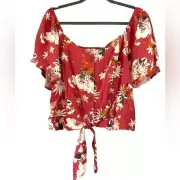 Aeropostale Peasant Boho Pink Floral Tie Front Flutter Sleeve Crop Top - XL
