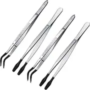 Honoson 4 Pieces Rubber Tipped Tweezers PVC Silicone Tip Tweezers Coated Flat and Bent Tip Forceps for Lab Industrial Jewelry Craft Coin Stamp Tongs(Black)