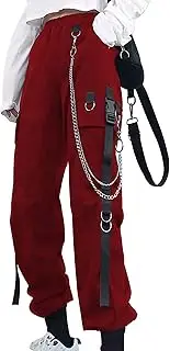[XKBHYD] Gothic Cargo Trousers Halloween Harem Trousers with Chain Women's Plus Size High Waist Y2k Steampunk Trousers, A Wine red, S