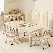Kids Table and 4 Chairs Set, Height Adjustable Toddler Table and Chairs Set with Rubber Foot Covers, Graffiti Desktop Children Activity Table for Ages 2-10, Daycare, Classroom