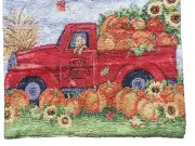 Red Farm Truck Table Runner Tapestry Fall Thanksgiving Pumpkin Rustic 13x72"
