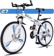 Mountain Bike, Foldable Portable 26" High Carbon Steel Frame Full Suspension Bicycle 27 Speed Dual Disc Brakes Unisex Off Road Bicycle Quick Folding and Convenient Travel,E