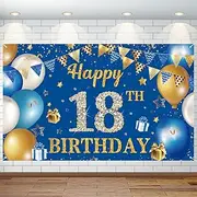 18th Birthday Decorations for Boys Girls Happy 18th Birthday Banner Large Size Blue Gold Birthday Backdrop Banner for 18 Years Old Anniversary Birthday Party Photo Prop Booth Background Deco