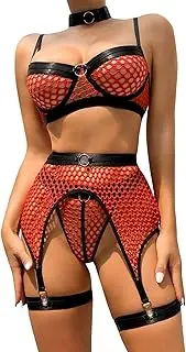 [Generic] Sexy Lingerie for Women and Womens Sexy Cosplay Lingerie Set Lace Outfit Bra and Pantie Nightie with Choker Garter Lingerie for Women Sheer Matching 4 Piece Lingerie Open Panties Lingerie (Red-C, M)