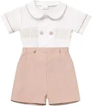 [ODASDO] Baby Boy Smocked Outfit Toddler Kids Short Sleeve Shirt and Shorts Set for Birthday Party Cake Smash Wedding Baptism