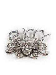 Silver Crystal Embellished Logo Brooch