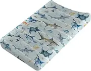 Blue Sharks Baby Changing Pad Covers Sea Animals Sharks Stripes Diaper Changing Table Sheets for Boy Girl Ocean Fishes Corals Nautical Life Soft Stretchy Fitted Nursery Change Table Mats 32''x16''
