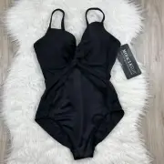 Miraclesuit sheer mesh panel slimming swimsuit size 12 black front twist