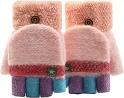 [SUNNEE] Unisex Kids Fingerless Flap Cover Gloves - Convertible Flip Top Warm Mittens With Mitten Cover Cute Cartoon for 5-12 Ages Boys and Girls